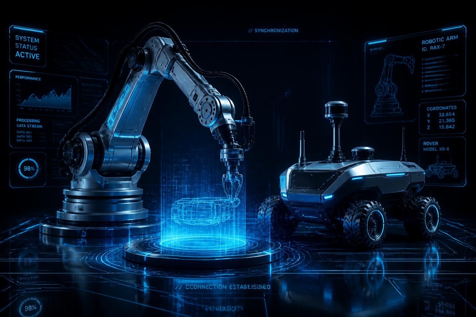 Robotic arm and autonomous rover in a futuristic robotics laboratory